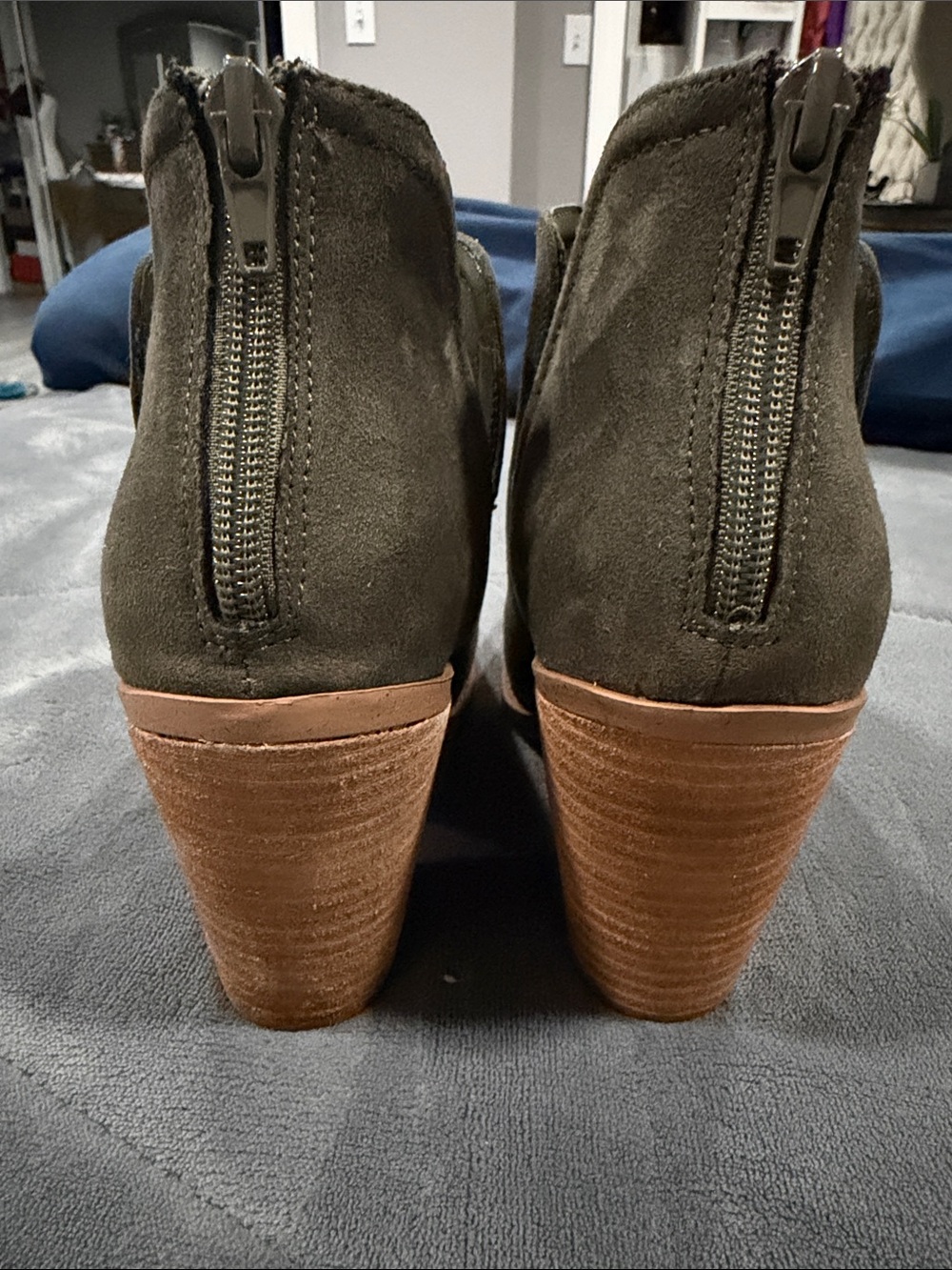 Joie Olive Green Suede Ankle Booties with Stacked Heel - Picture 4 of 5